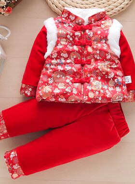 0-1岁女宝宝冬装棉服10个月6婴儿棉衣套装冬季加厚V幼儿棉袄二件