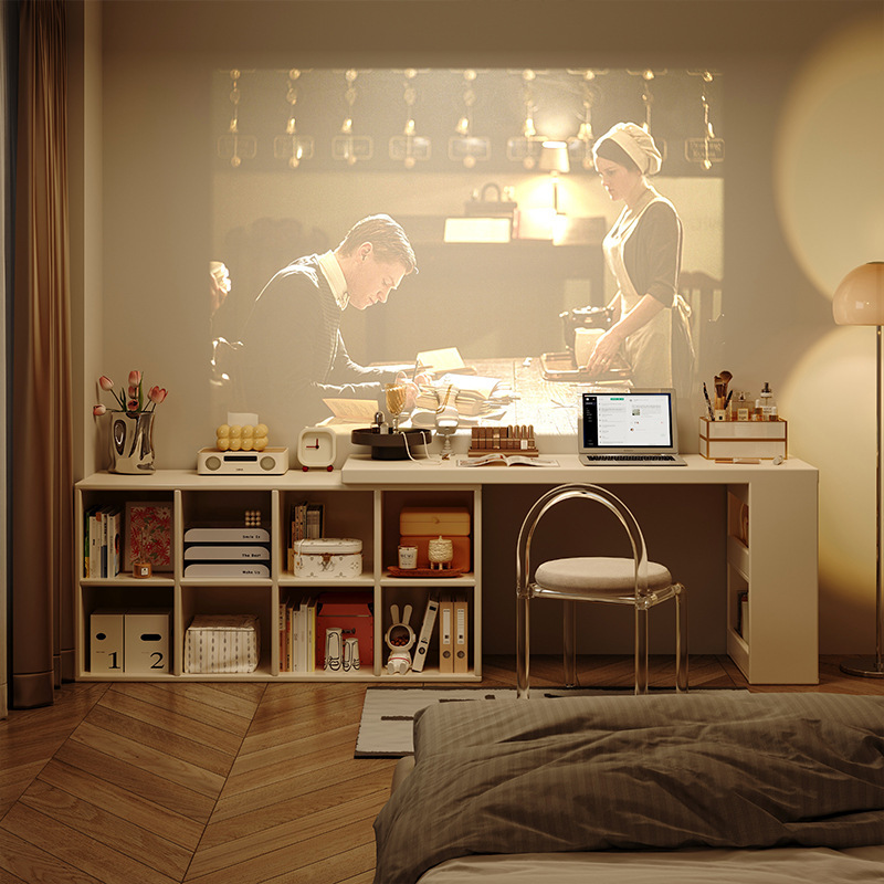奶油风实木伸缩书桌书架一体小户型床尾化妆桌双人家用学习电脑桌