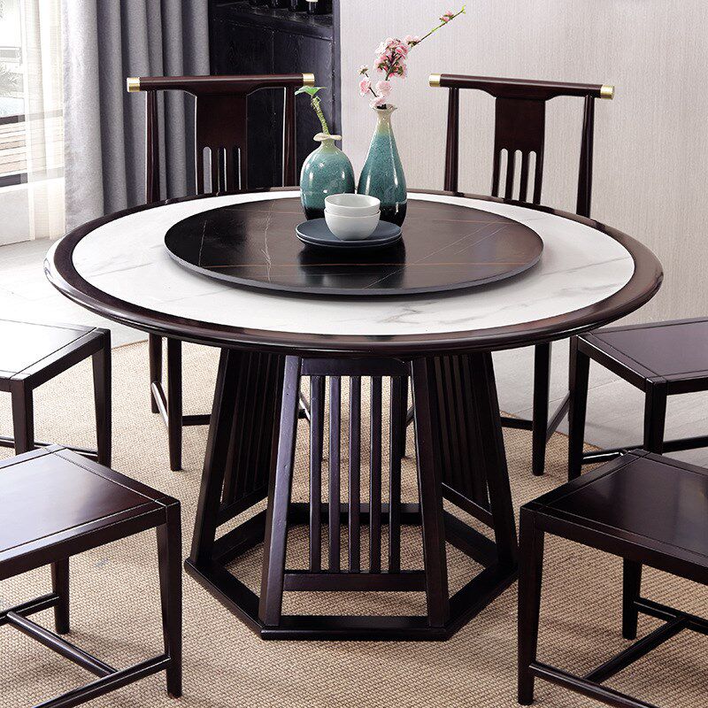 新中式实木餐桌岩板圆桌现代极简圆形家用小户型1.5m8人饭桌餐椅
