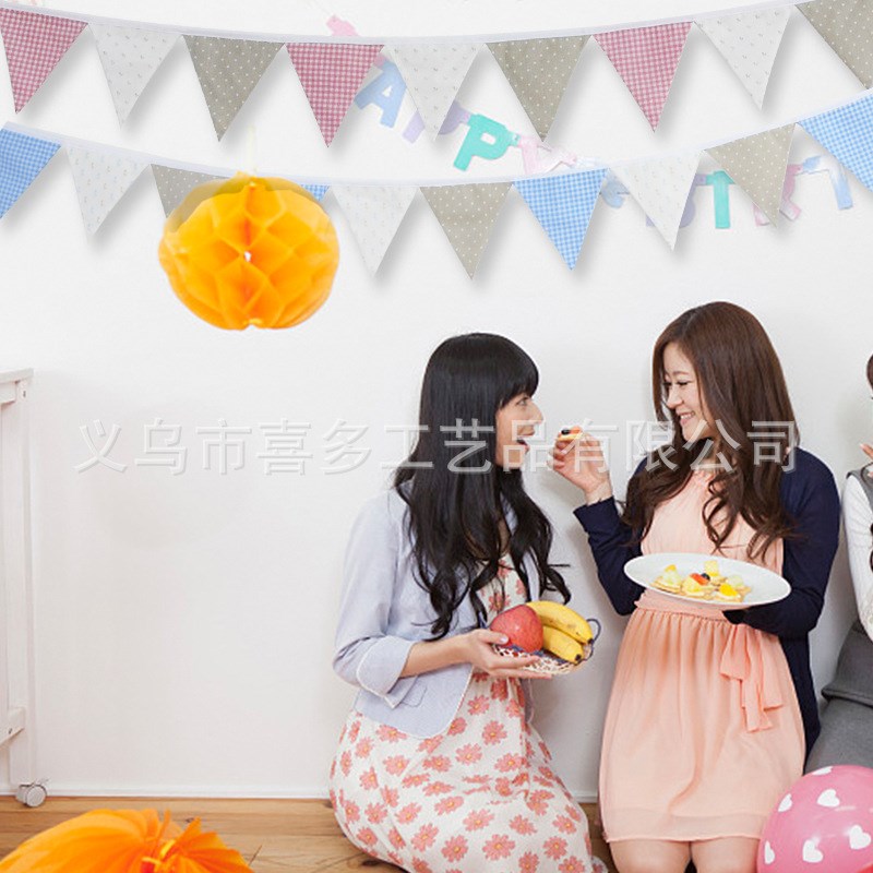 生日派对聚会聚餐棉布粉色蓝色三角旗串旗派对装饰背景装饰用拉旗
