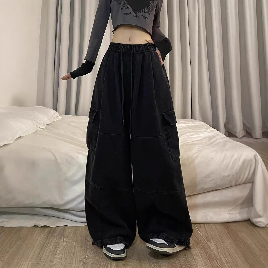 黑色纯棉大码工装裤女新款美式休闲爵士宽松阔腿裤雅痞运动长裤子