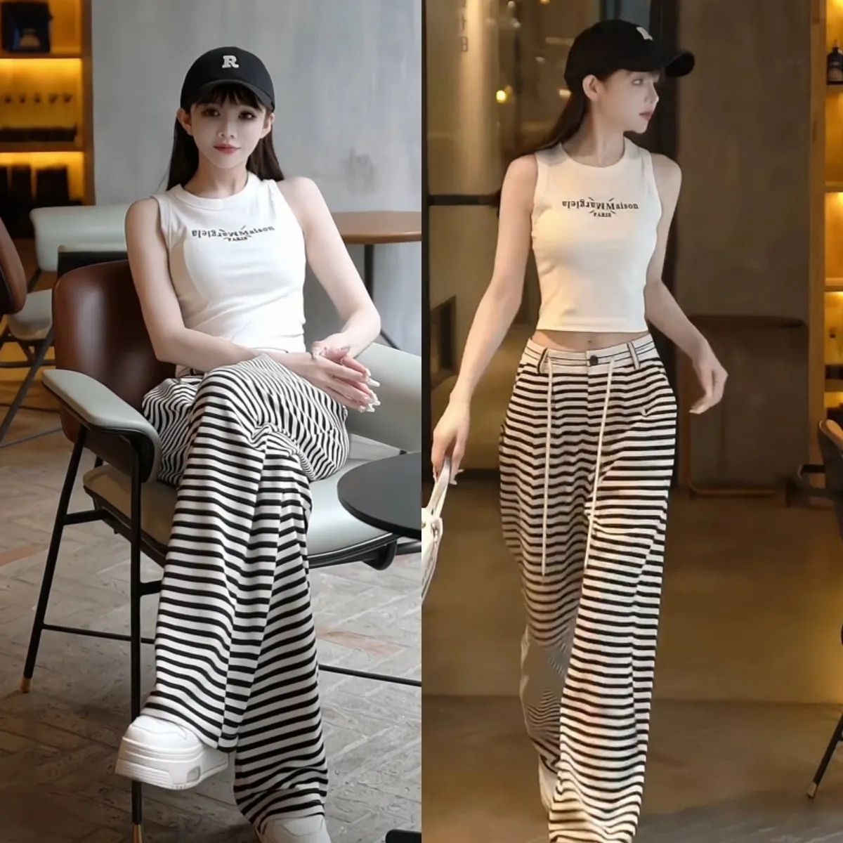 欧货时尚黑白条纹阔腿裤女春秋显瘦新款高腰垂感直筒休闲西装裤子