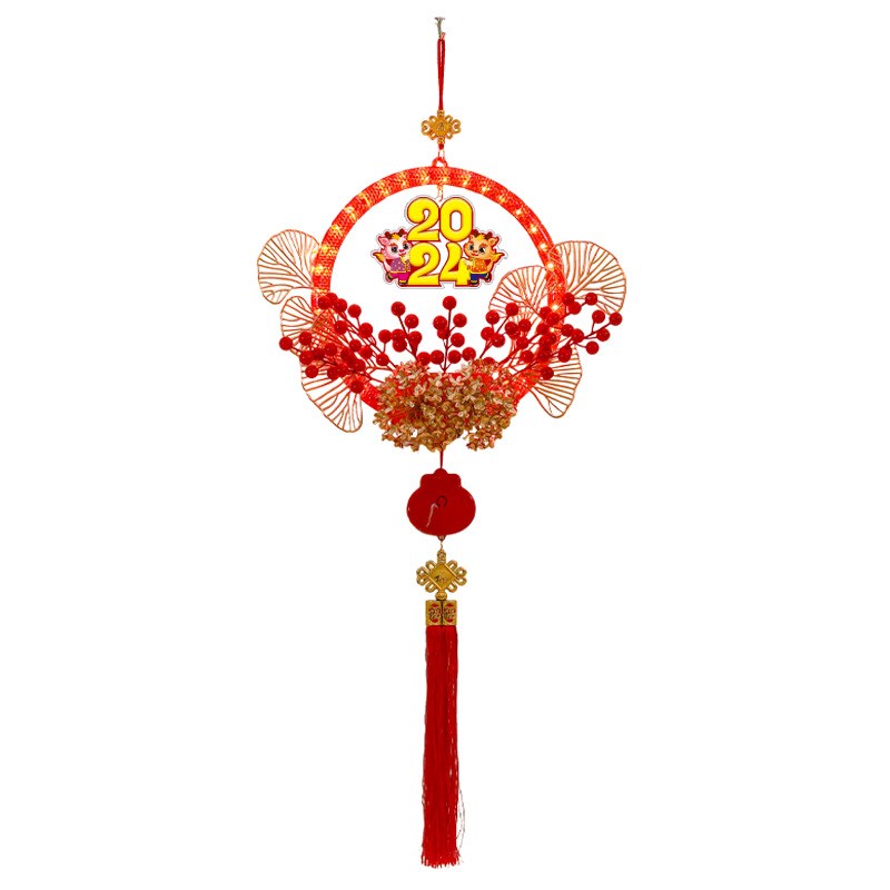 发光新年快乐花环挂件2025春节蛇年喜庆客厅墙上装饰布置挂饰用品