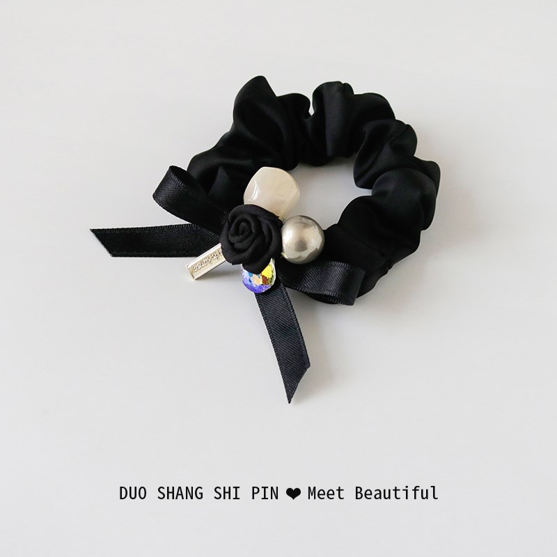 法式玫瑰花珍珠大肠发圈女高级感黑色G头绳丸子头皮筋扎头马尾发