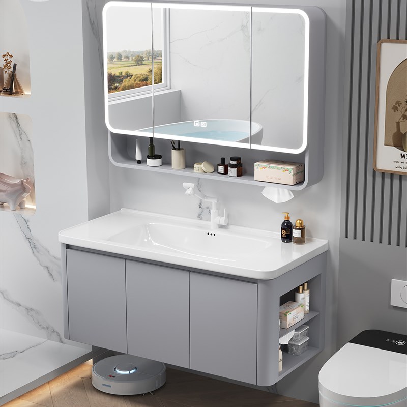 太空蜂窝铝浴室柜组合带侧v边格卫生间洗脸洗手盆柜圆弧一体陶瓷