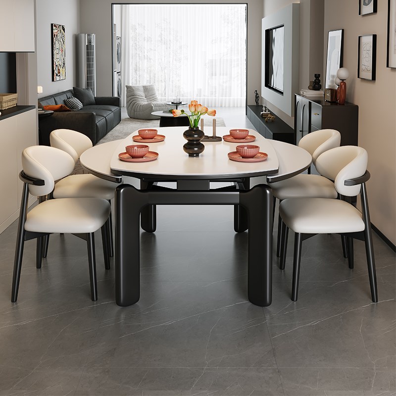 实木岩板餐桌椅2025新款家用小户型复古吃饭P桌椅组合可变圆桌简