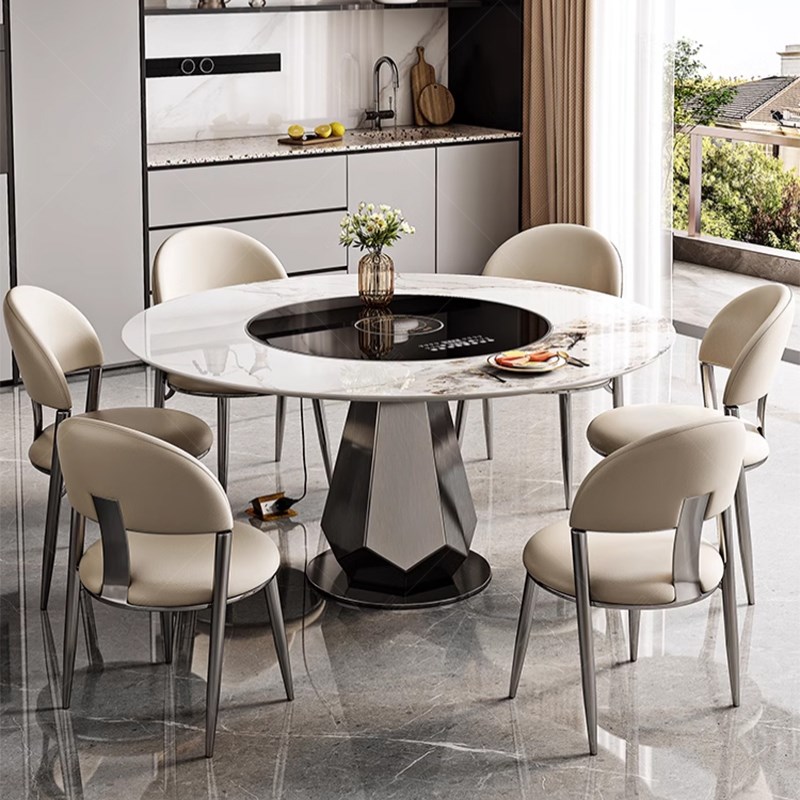 岩板餐桌c家用小户型现代简约多功能带暖菜转盘火锅圆形餐桌椅组
