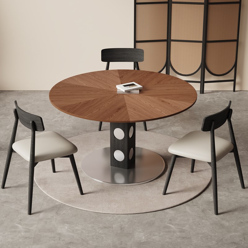 北欧风复古轻奢家用实木岩板圆形餐桌椅组合小Q户型客厅阳台吃饭