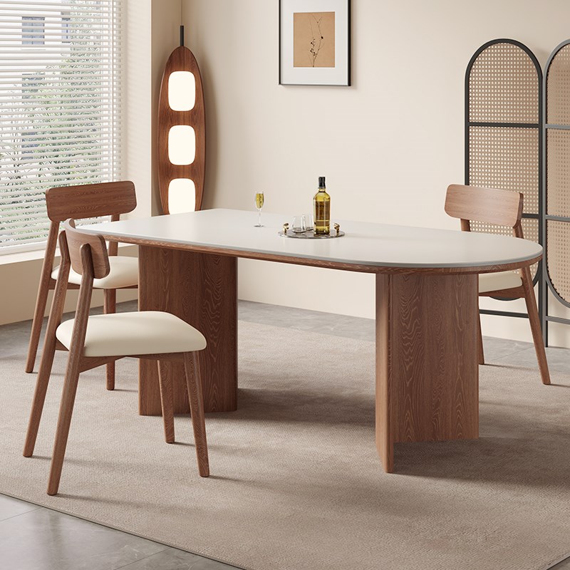 复古网红风岩板实木n餐桌椅组合家用餐厅北欧半圆长方形吃饭桌子