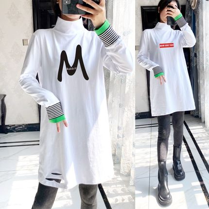 2024冬季新款高领加绒宽松中长款破洞棉白T恤拼条纹袖印花打底衫t