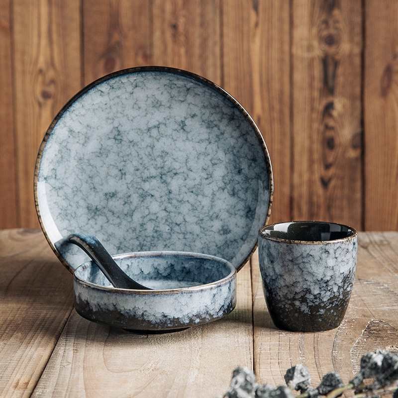 酒店饭店摆台餐具简约描金边陶瓷碗碟勺子杯台面四件套一人食