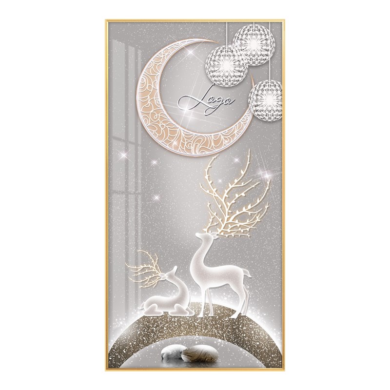 入户玄关装饰画走廊过道墙壁画竖版现代简约玄幻晶瓷挂画月照灵鹿图片