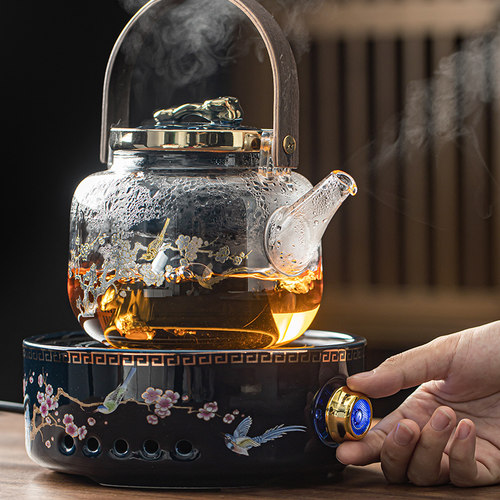 电陶炉煮茶器玻璃沏茶煮茶壶烧水泡茶壶圆形大容量蒸汽煮茶炉套装