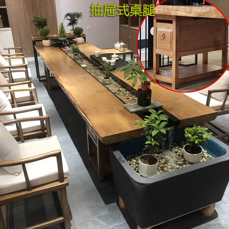 流水茶桌景观一体养鱼循环新中式大型茶台实木河流桌曲水流觞桌子