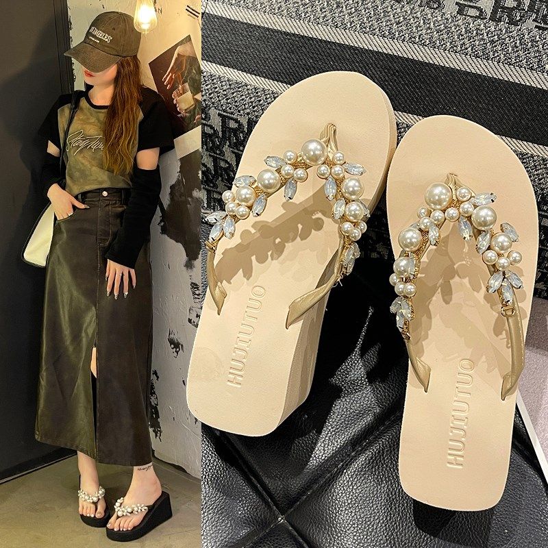 高跟人字拖女外穿夏季沙滩百搭增高网红厚底珍珠水钻夹脚凉拖鞋女,女鞋,人字拖,淘宝优惠券,粉丝福利购,淘宝优惠卷