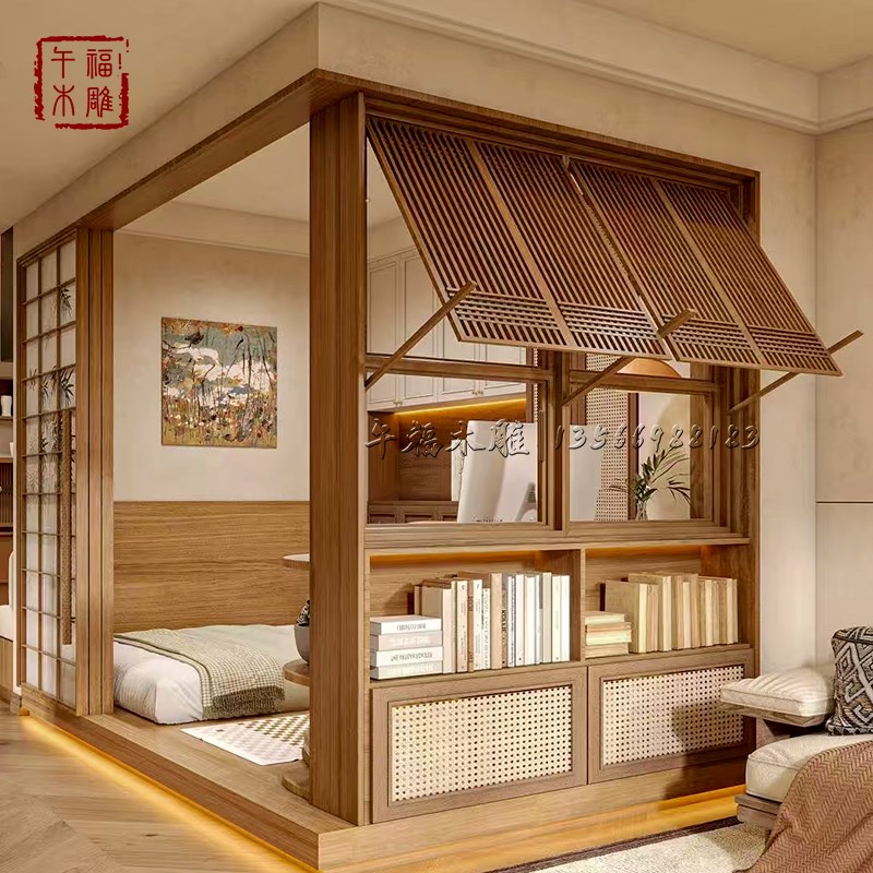 宋式美学实木小窗推拉窗仿古门窗花格玄关背景墙茶室隔断窗框定制