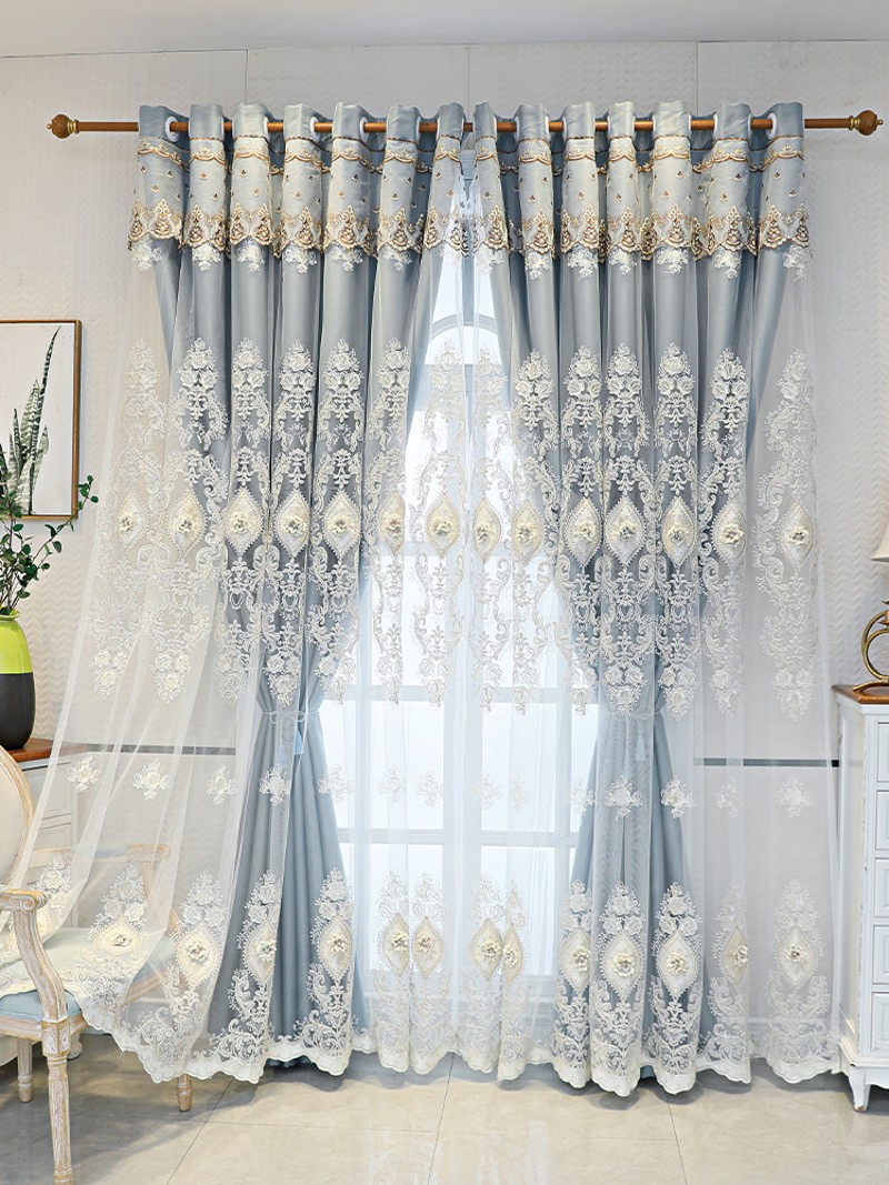 欧式双层女生窗帘紫色布纱一体卧室成品浮雕绣花客厅奢华定制窗帘
