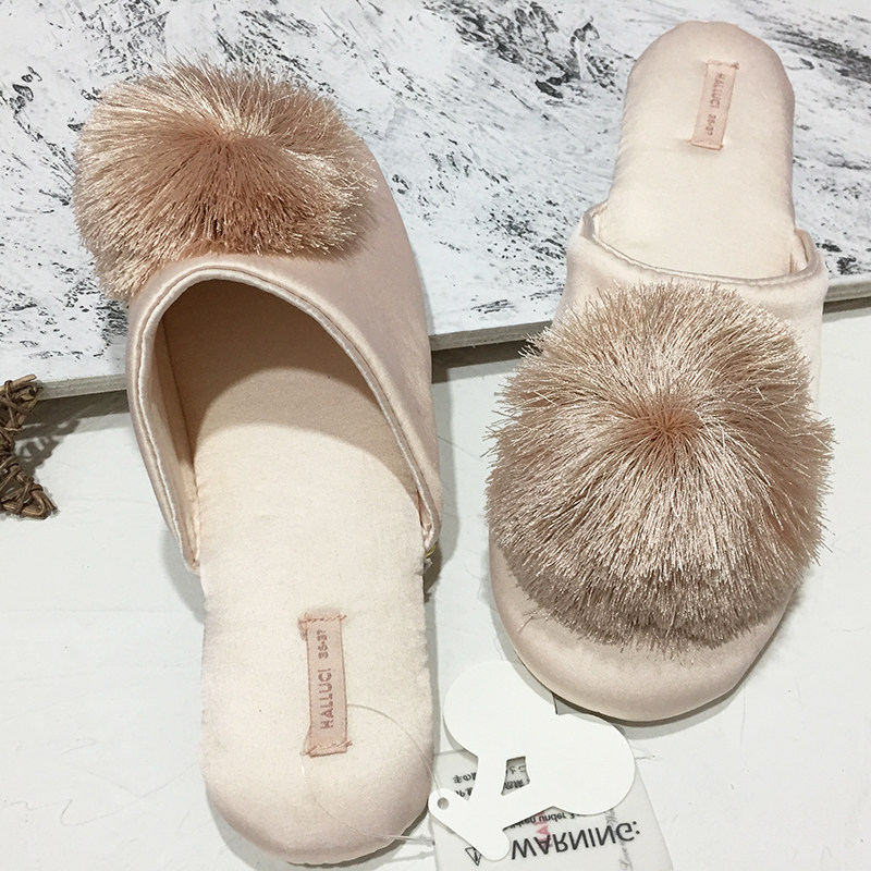 室内静音防滑春秋新款丝滑缎面流苏球季女居家用网红香槟棉拖鞋,居家布艺,居家棉拖/棉鞋,淘宝优惠券,粉丝福利购,淘宝优惠卷