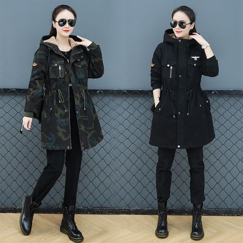 2025年冬季加绒迷彩棉大衣女中B长款多功能军绿黑色工作服棉袄韩