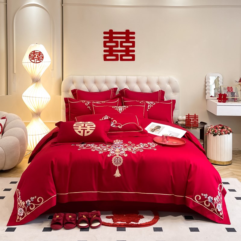 高档180支婚庆四件套红色床单纯棉全棉被套结婚陪嫁床上用品婚房4