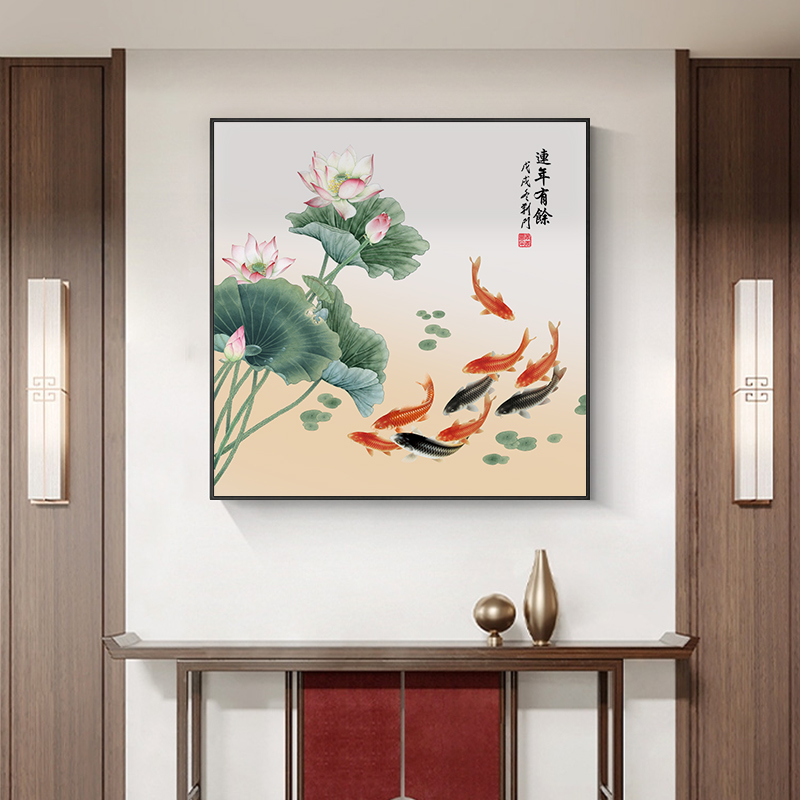 九鱼图装饰画新中式餐厅正方形饭厅挂画寓意好客厅玄关鲤鱼图壁画图片