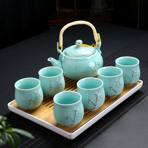 茶具套装家用陶瓷杯提梁r茶壶现代简约6只装大杯子冷水壶干泡茶盘