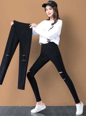 破洞松紧腰打底裤女外穿春秋2021夏季薄J款黑色九分显瘦小脚小黑
