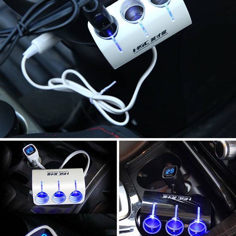 多功能汽车多孔点烟分插器 一拖三车充 车载多Q头多用扩展转换接