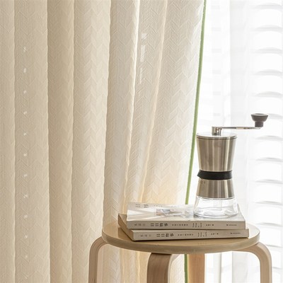 奶油色窗纱绿色包边新款法式浮雕提花棉绵柔感透光不透人客厅纱帘