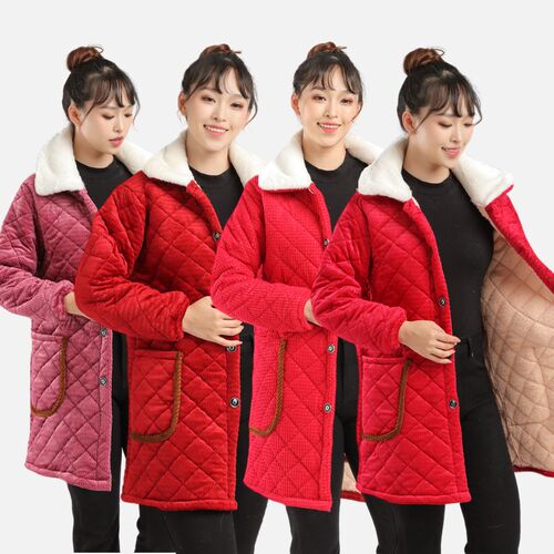 秋冬新款加绒加厚成人罩衣女大码时尚保暖夹棉P外穿工作服棉袄长