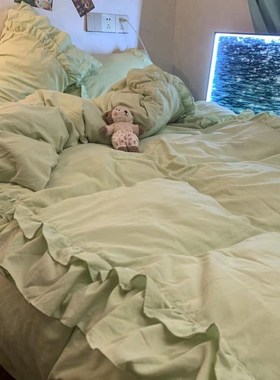 ins仙女奶油风绿色花边四件套水洗棉被套简约韩式1.5m1.8三件套秋