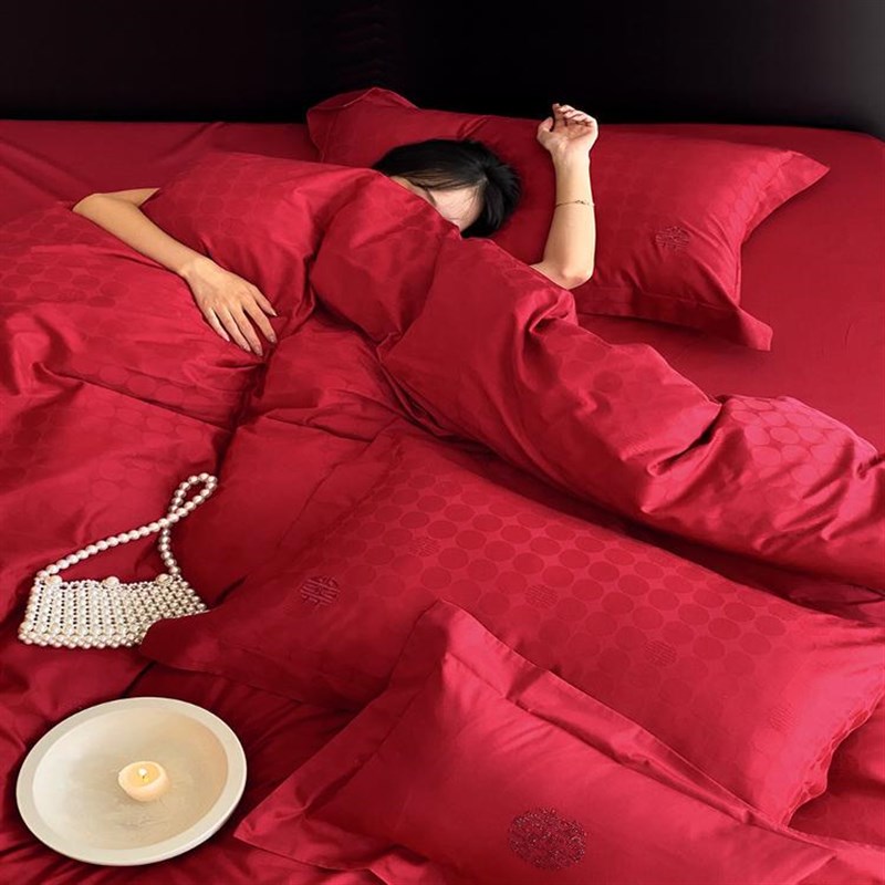 大红色婚房四件套全棉床单被套结婚喜庆新婚嫁长绒棉床品