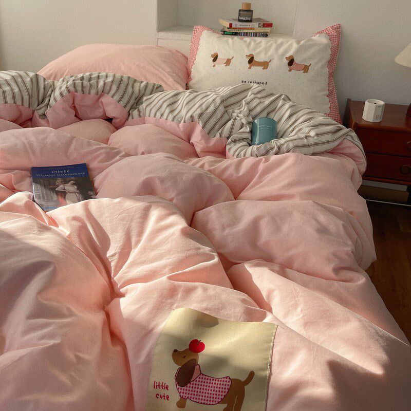 奶油风少女心全棉四件套简约纯色被套床单三件套学生宿舍单人