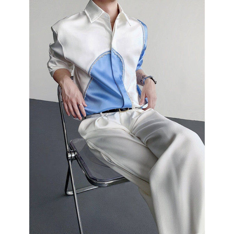 春夏利基串珠醋酸光泽丝绸垫肩对比色衬衫男人的缎面时尚设计衬衫