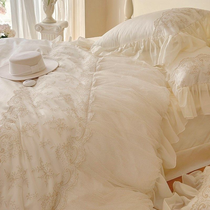 法式少女心100S长绒棉纯棉四件套公主风蕾丝雪纺全棉被套床上用品