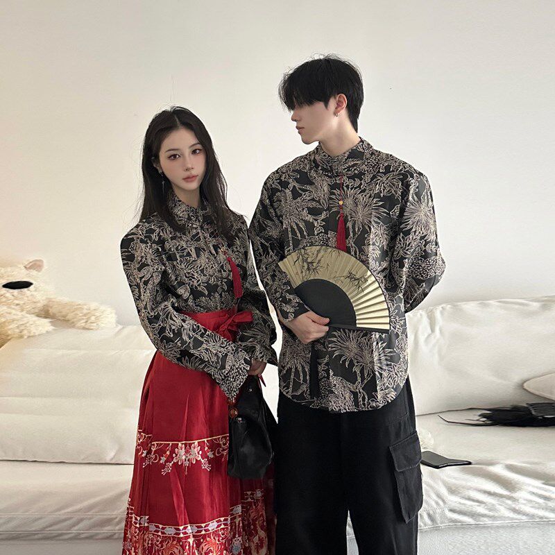 新中式情侣装2024秋冬季提花衬衫订婚新年日常中国风红马面裙套装