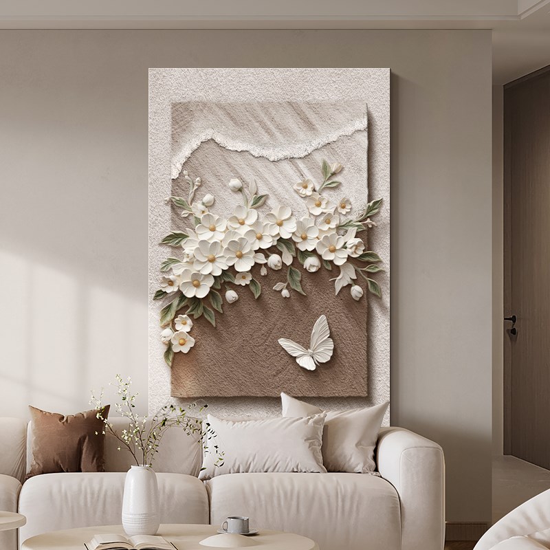侘寂风客厅装饰画浮雕立体高级感沙发背景墙壁画抽象花卉玄关挂画图片
