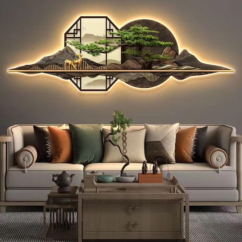 中式客厅装饰画现代简约沙发背景墙挂画大气餐厅茶室led氛围灯画