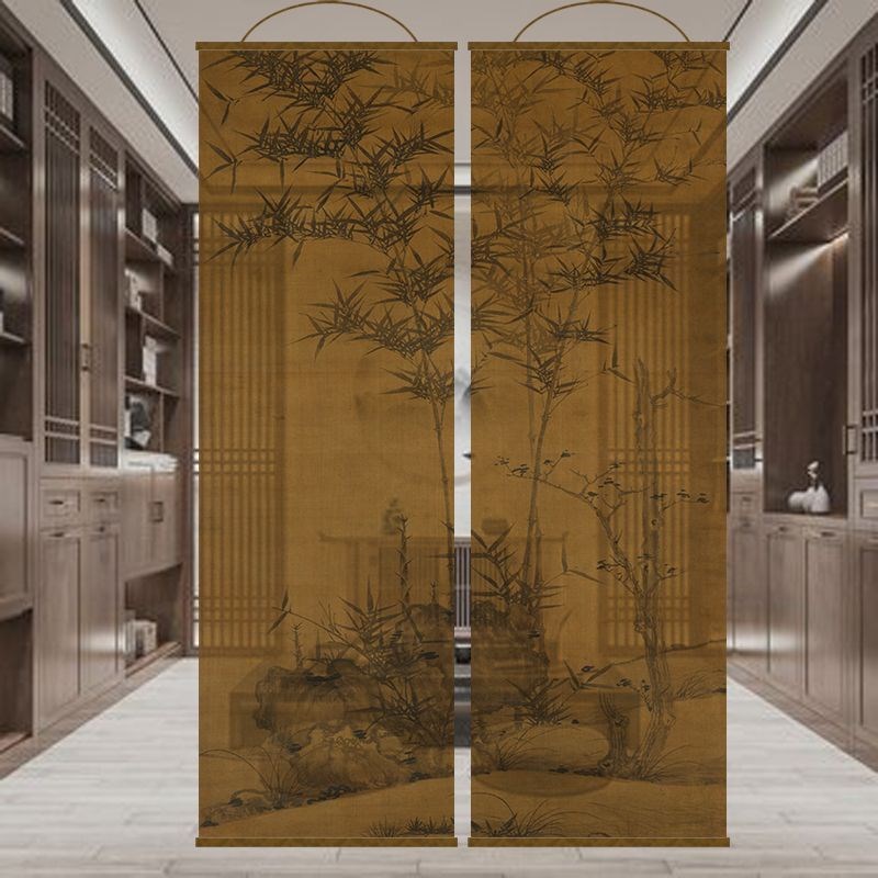 新中式水墨竹双面透景屏风纱中式卷帘隔断帘挂帘窗V帘纱帘透光制