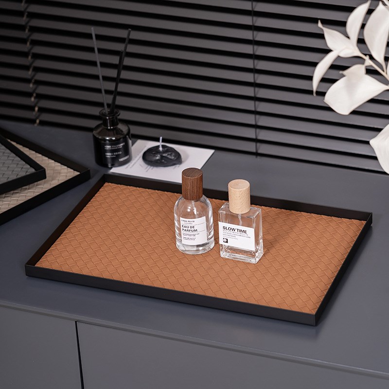 现代简约皮革编织纹托盘收纳置物桌面茶几酒店样板间饰品摆件盘