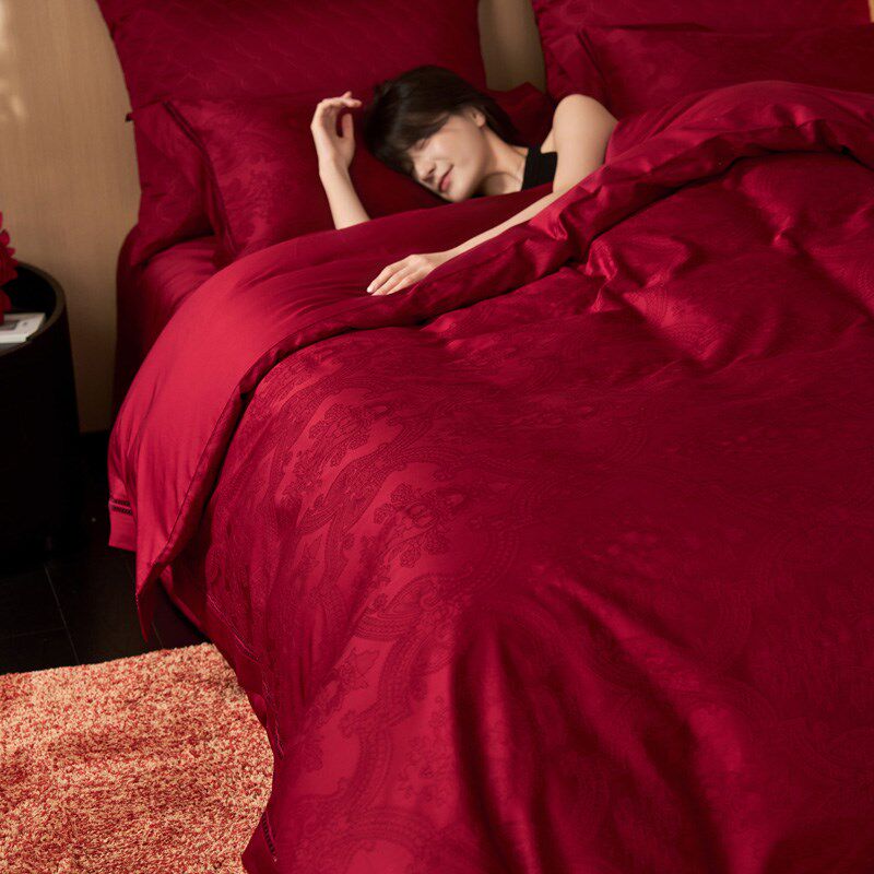 高级感100S纯棉婚庆四件套红色喜庆婚嫁提花被套结婚喜被床上用品