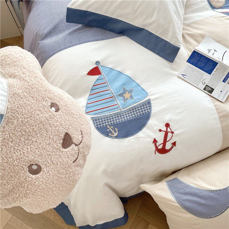 儿童卡通全棉水洗棉绣花四件套男孩房榻榻米床1.2米床被单