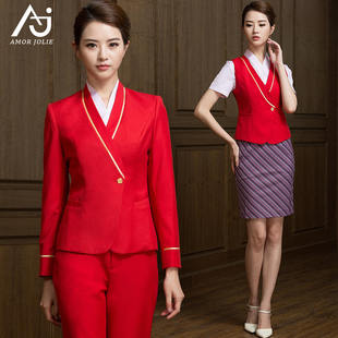 南航空姐制服女职业套装t高铁酒店迎宾工作服时尚幼师工装大红色