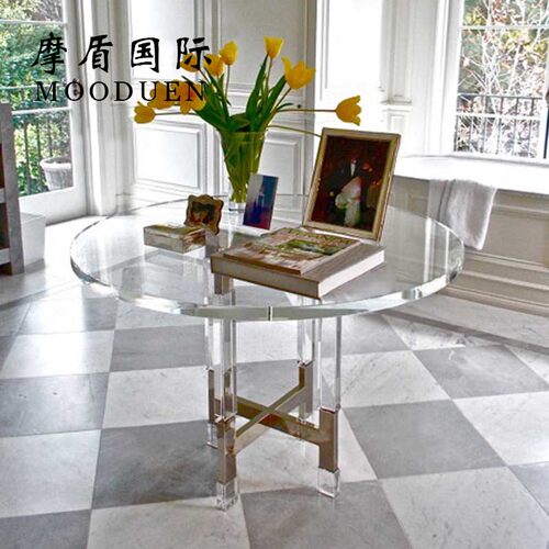 透明亚克力餐桌现代简约圆形饭桌家用I小户型不锈钢底座餐厅桌子
