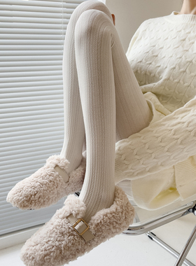 白色连裤袜秋冬加厚保暖燕麦色打底袜日系JK麻花麦穗奶白色丝袜女