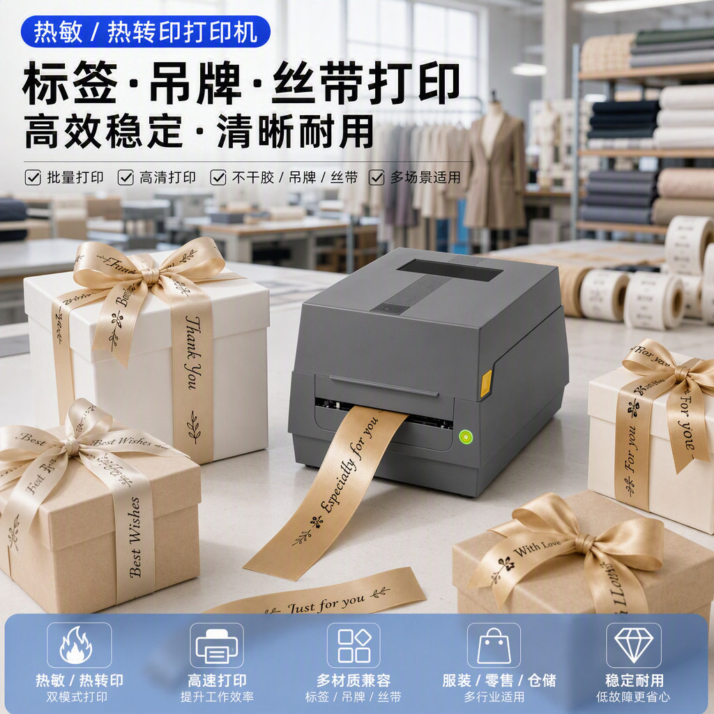 商用热转印标签打印机支持碳带打印服装吊牌丝带条码面单打印