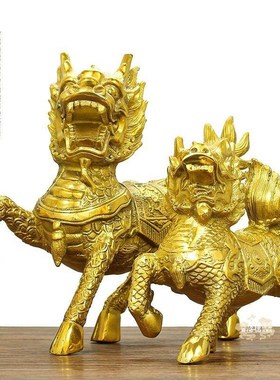 铜麒麟摆件一对纯招聚火麒麟w财纯公母麒麟铜站麒麟店铺家居装饰