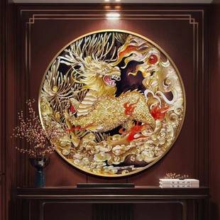 珐琅彩装饰画户玄入厅形关走HXM招财廊圆麒麟挂画客沙发背景轻奢