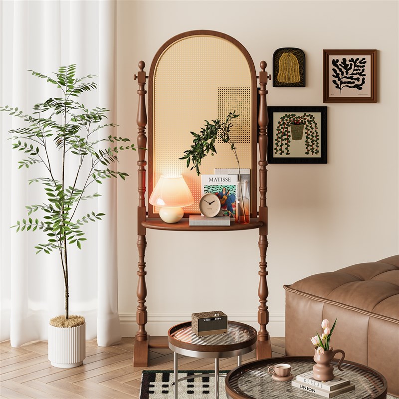 谷及 中古实木藤编屏风艺术设计家用客厅卧室隔断座屏.可置物架子
