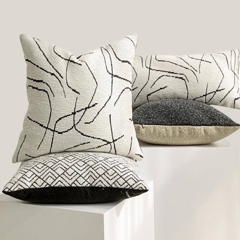 简轻奢都市风抱枕黑NQB白艺术条线约方枕长腰枕欧风靠垫套民宿北